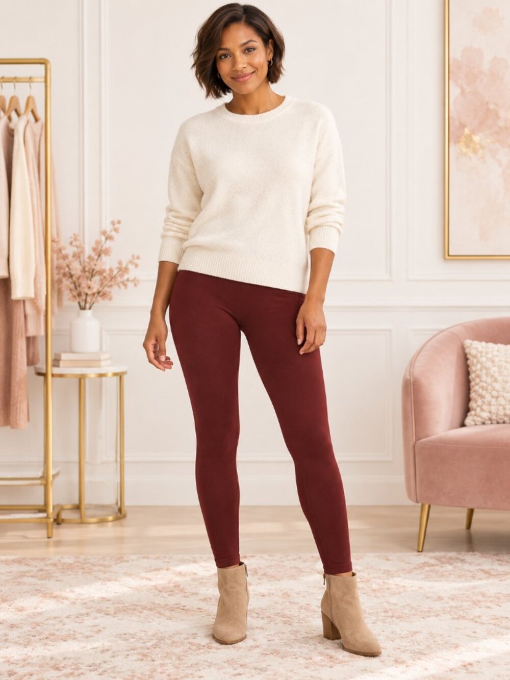 Sofra Burgundy Fleece-Lined Stretch Leggings Free Size
